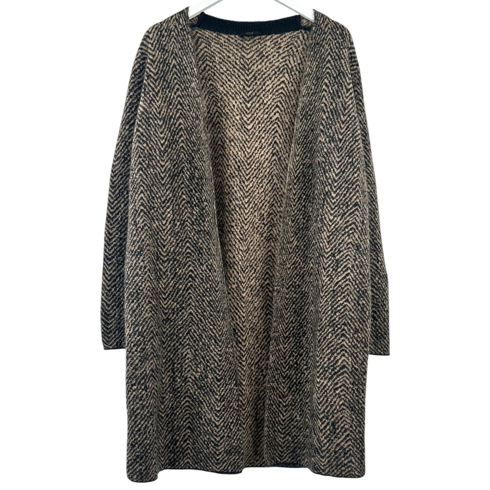 COS Black & Brown Mohair Wool Chevron Stripe Open Longline Duster Cardigan sz M